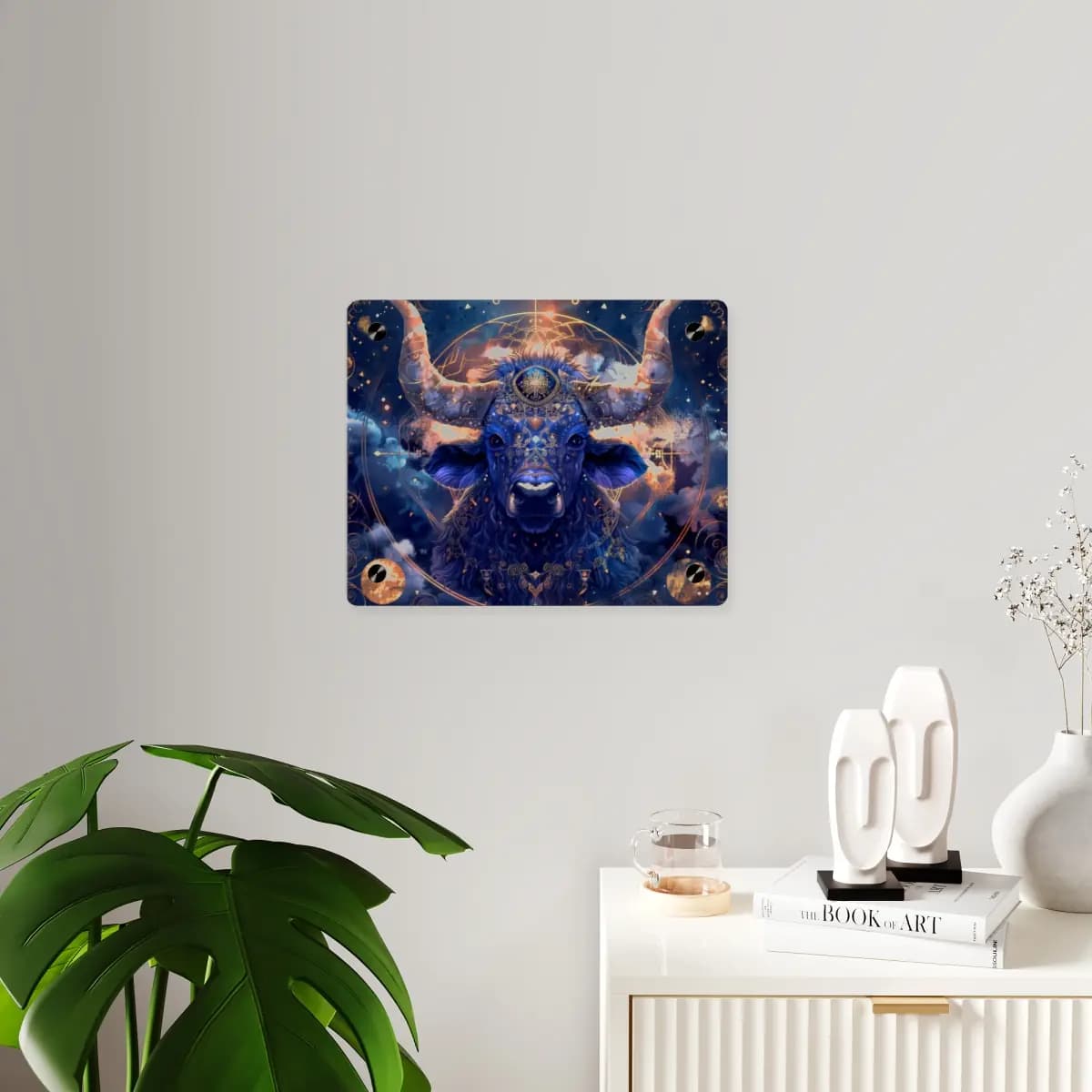 Celestial Bull Adorned in Golden Ornaments - Acrylic Wall Art Panels mockup angle 3
