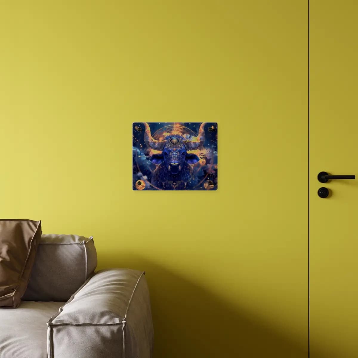 Celestial Bull Adorned in Golden Ornaments - Acrylic Wall Art Panels mockup angle 4