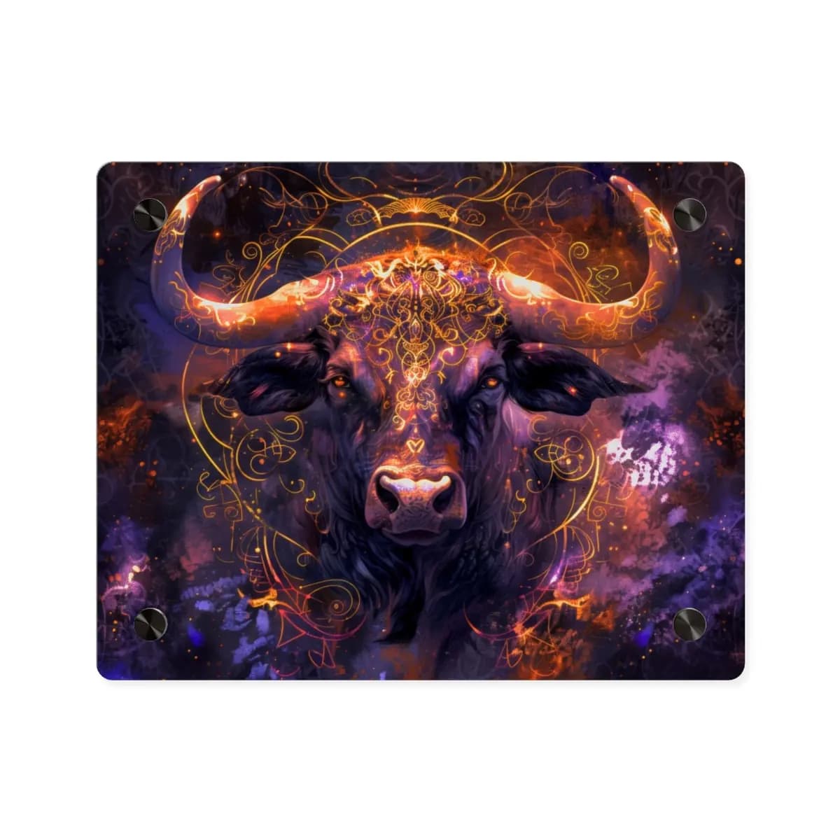 Mystic Bull Wreathed in Golden Fire Ornaments - Acrylic Wall Art Panels mockup angle 1