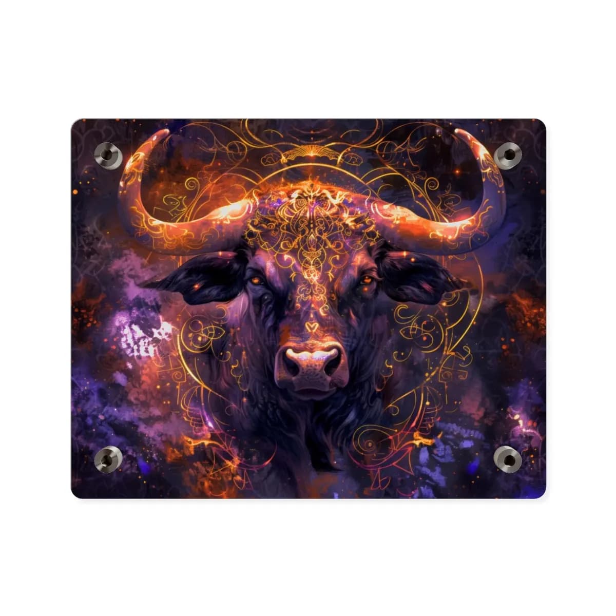 Mystic Bull Wreathed in Golden Fire Ornaments - Acrylic Wall Art Panels mockup angle 2