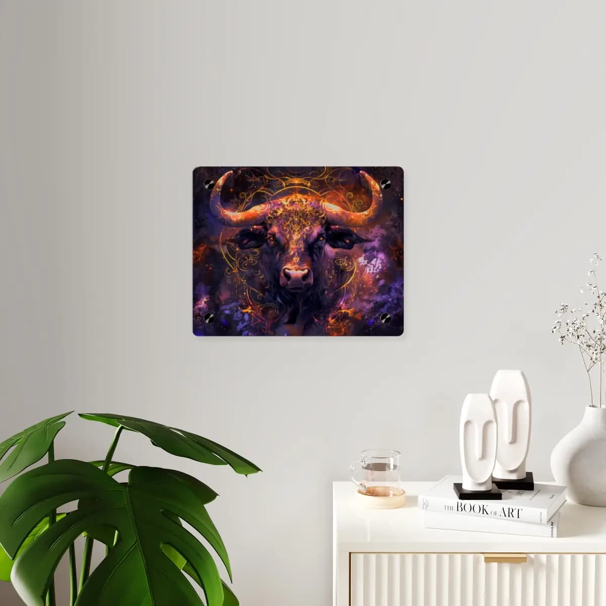 Mystic Bull Wreathed in Golden Fire Ornaments - Acrylic Wall Art Panels mockup angle 3