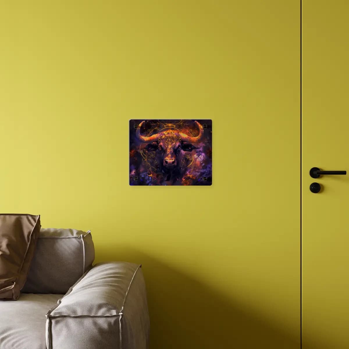 Mystic Bull Wreathed in Golden Fire Ornaments - Acrylic Wall Art Panels mockup angle 4