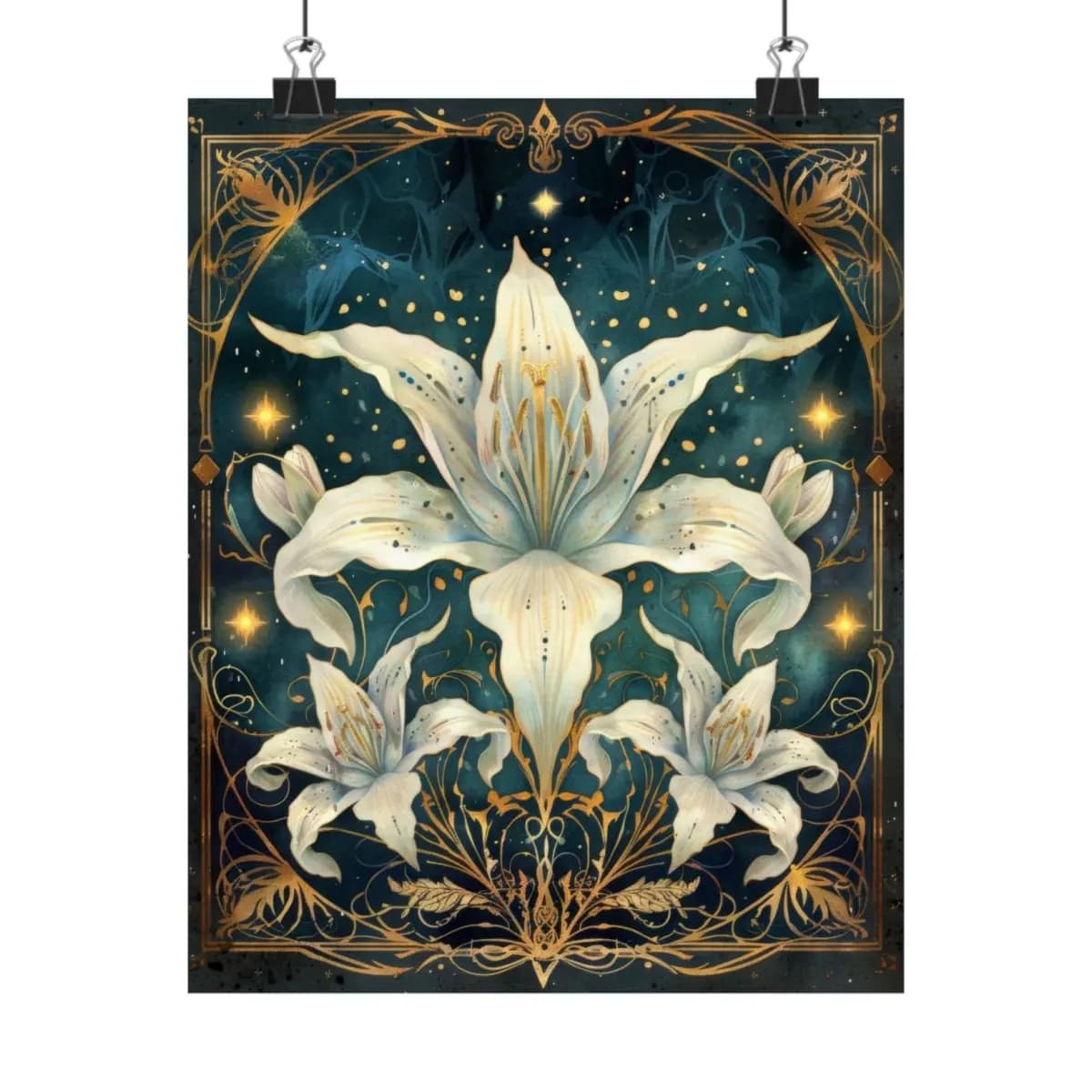 Celestial White Lilies Beneath a Starlit Sky - Matte Vertical Posters mockup angle 1