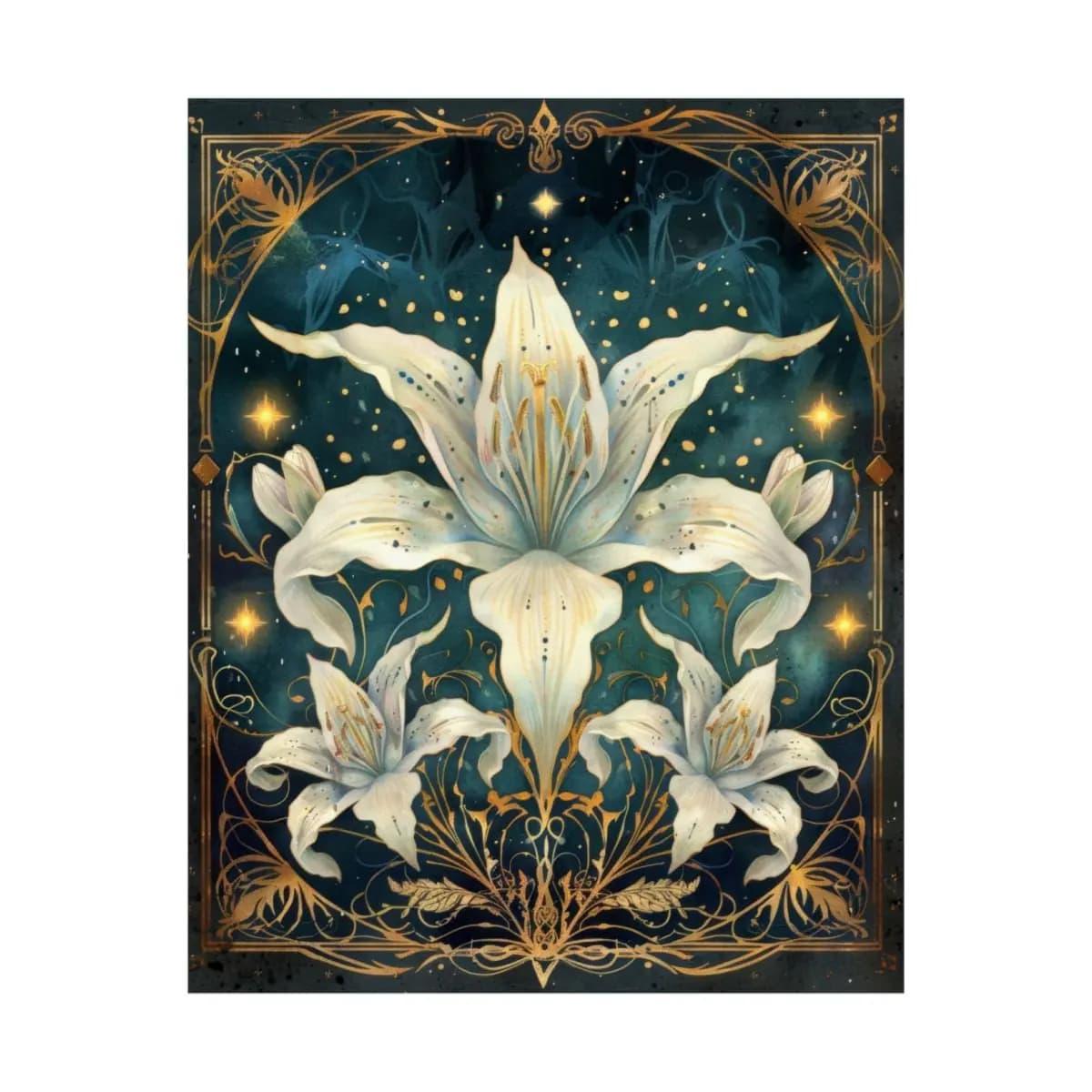 Celestial White Lilies Beneath a Starlit Sky - Matte Vertical Posters mockup angle 2