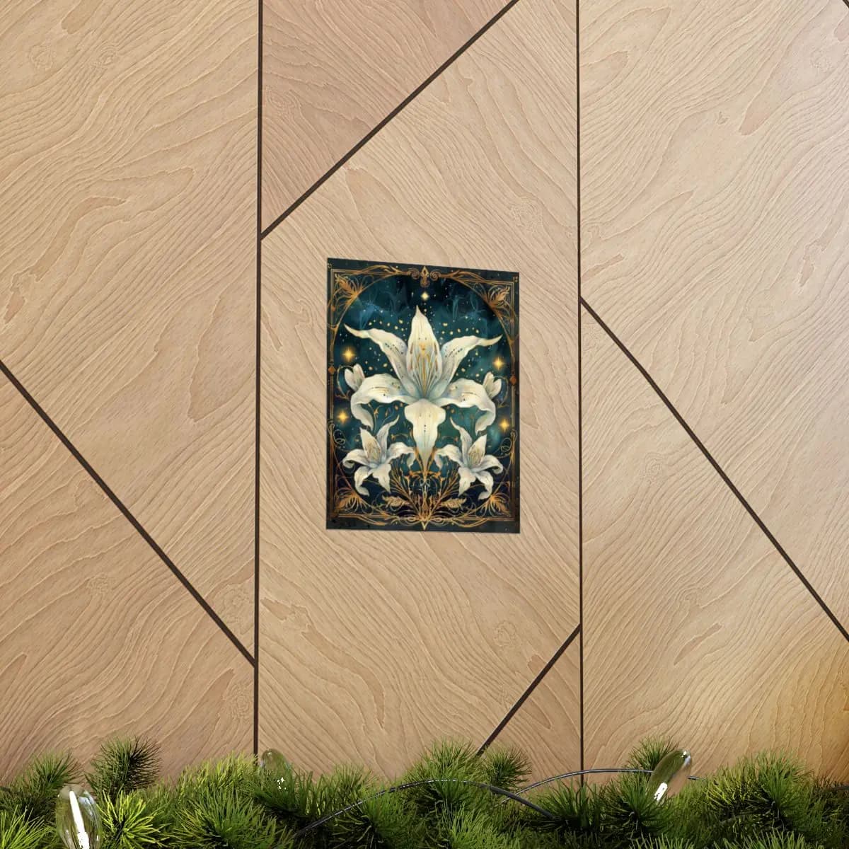 Celestial White Lilies Beneath a Starlit Sky - Matte Vertical Posters mockup angle 5