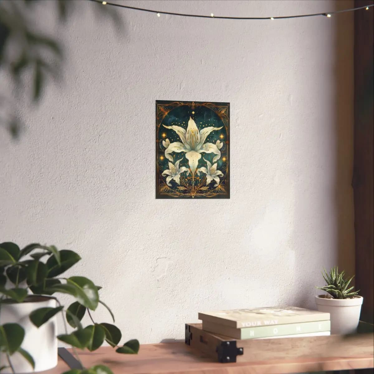Celestial White Lilies Beneath a Starlit Sky - Matte Vertical Posters mockup angle 6