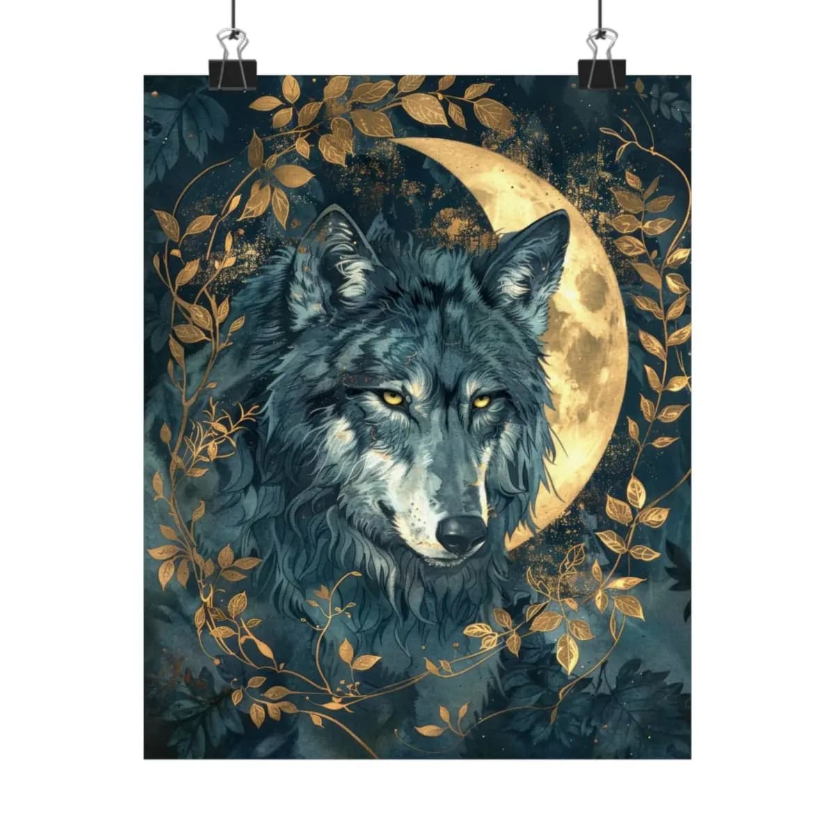 The Wolf and the Golden Crescent Moon - Matte Vertical Posters mockup angle 1