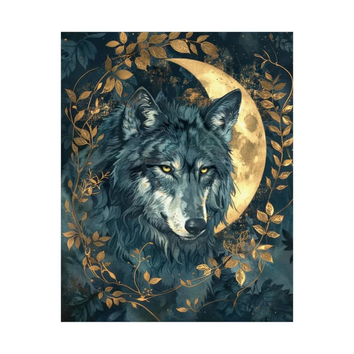 The Wolf and the Golden Crescent Moon - Matte Vertical Posters mockup angle 2