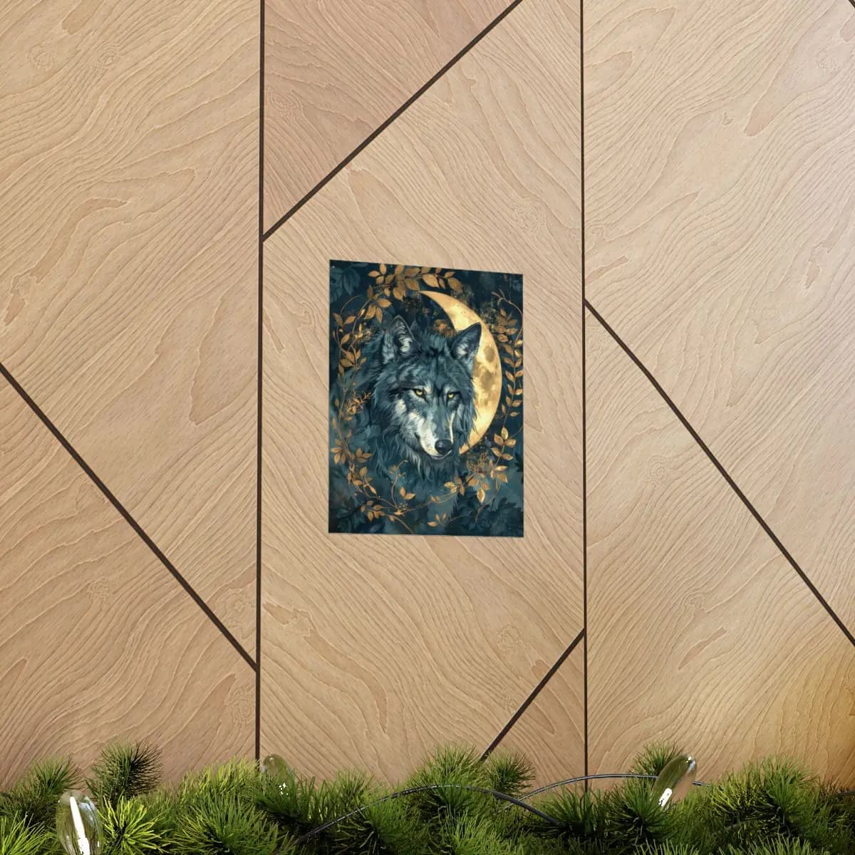 The Wolf and the Golden Crescent Moon - Matte Vertical Posters mockup angle 5
