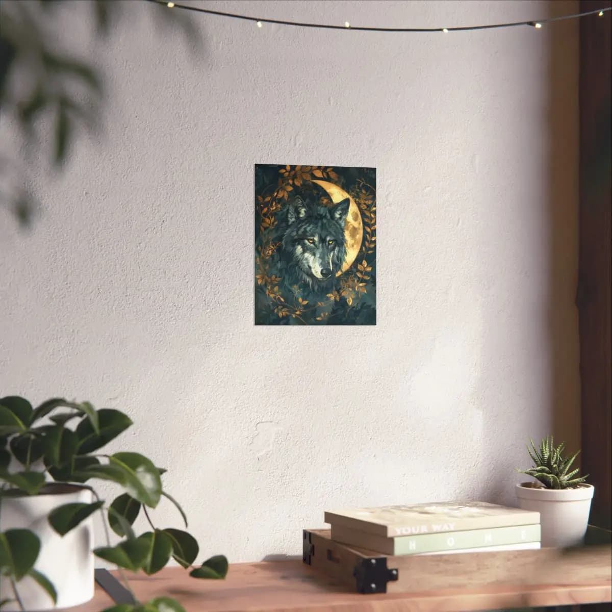 The Wolf and the Golden Crescent Moon - Matte Vertical Posters mockup angle 6