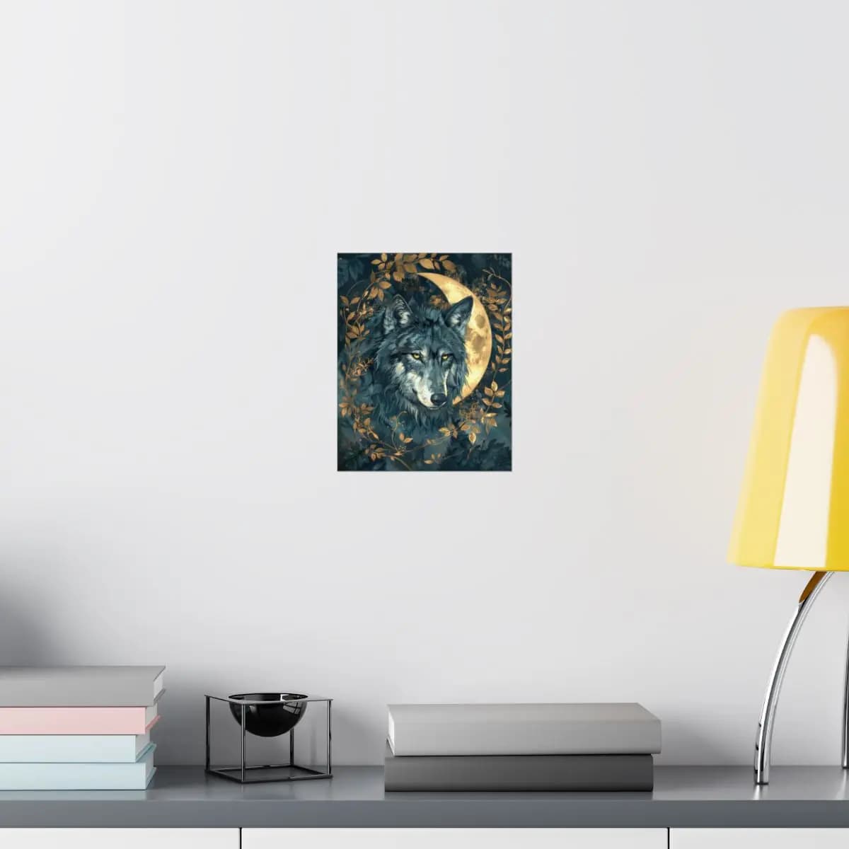 The Wolf and the Golden Crescent Moon - Matte Vertical Posters mockup angle 8