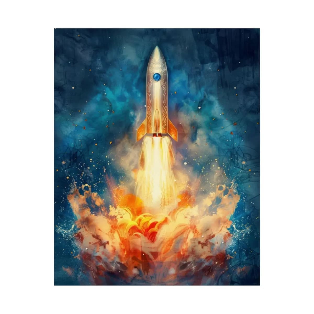 Ornate Rocket Tearing Through Blazing Skies - Matte Vertical Posters mockup angle 2