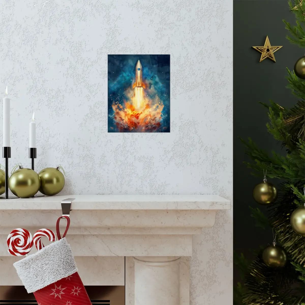 Ornate Rocket Tearing Through Blazing Skies - Matte Vertical Posters mockup angle 7