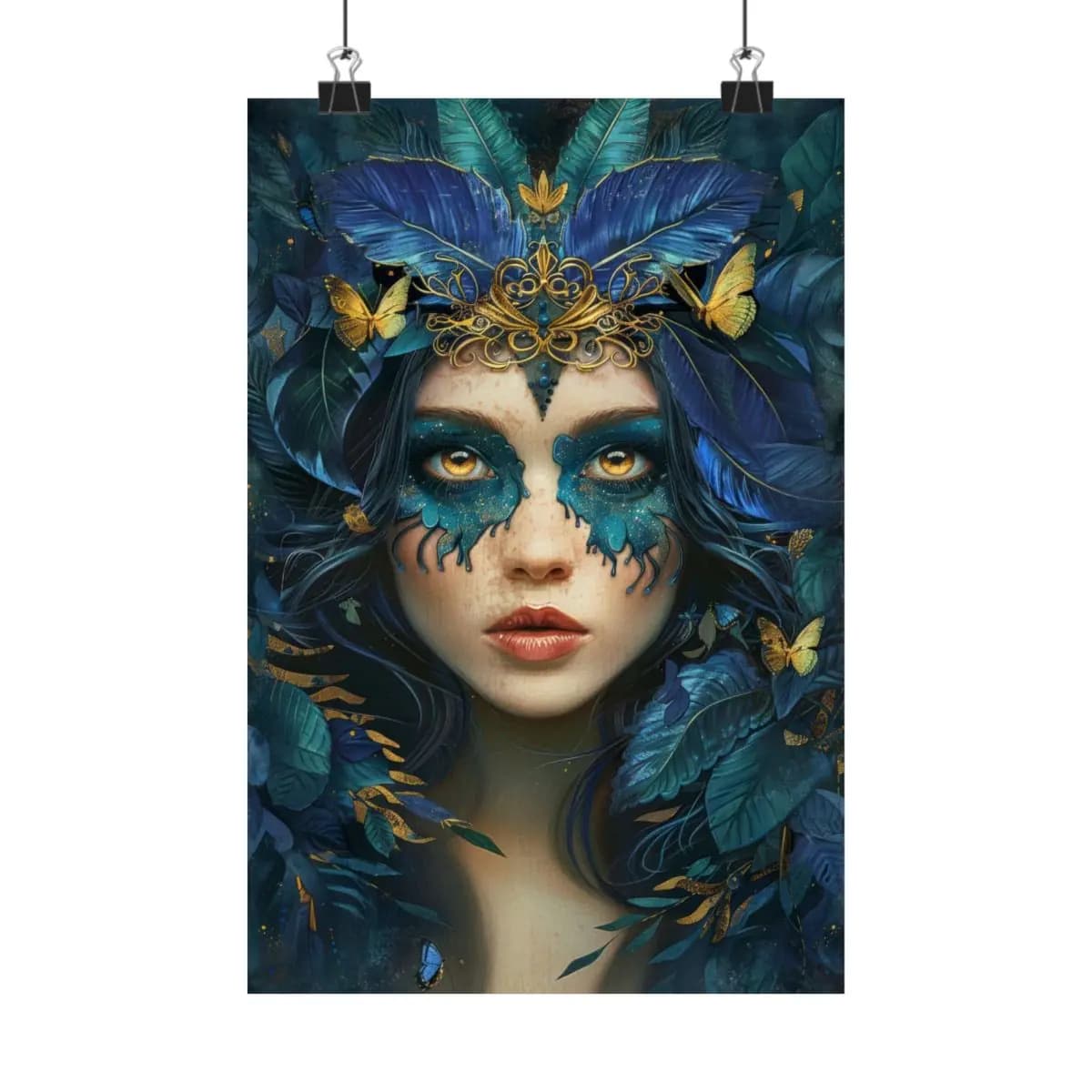 Queen of Blue Feathers and Golden Butterflies - Matte Vertical Posters mockup angle 1