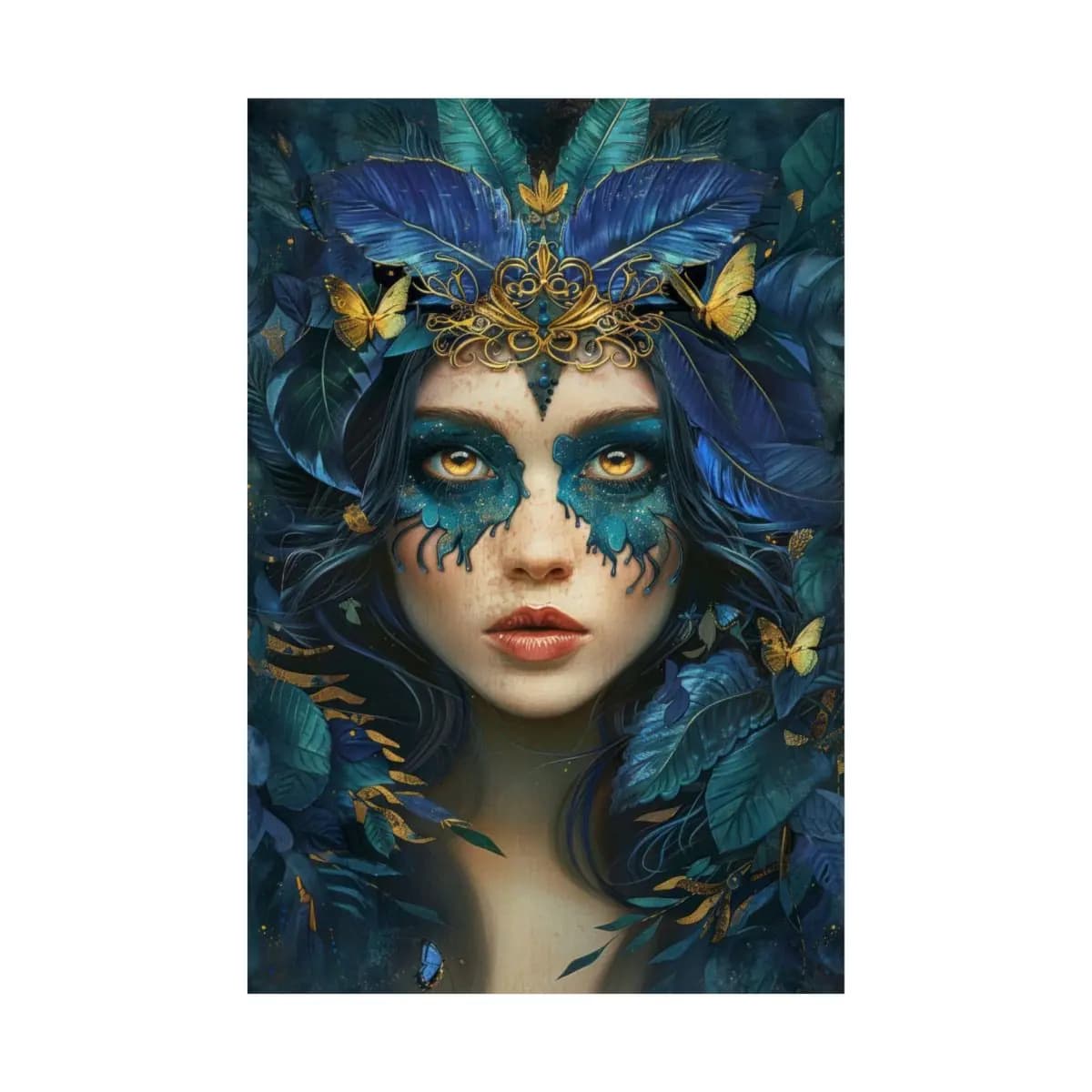 Queen of Blue Feathers and Golden Butterflies - Matte Vertical Posters mockup angle 2