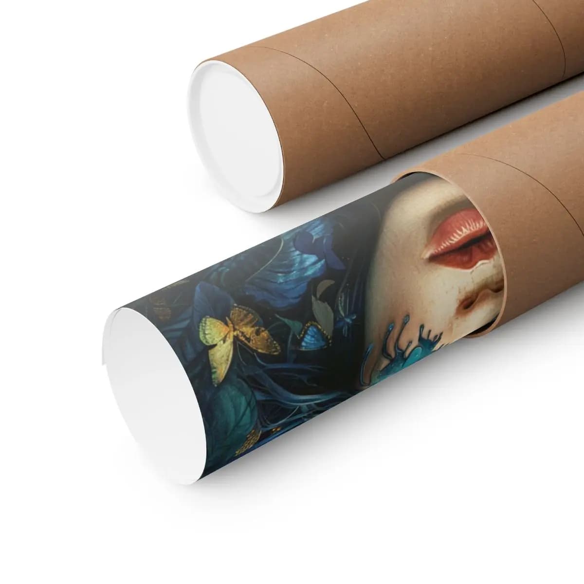 Queen of Blue Feathers and Golden Butterflies - Matte Vertical Posters mockup angle 3