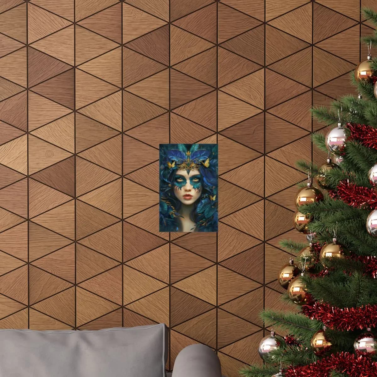 Queen of Blue Feathers and Golden Butterflies - Matte Vertical Posters mockup angle 4