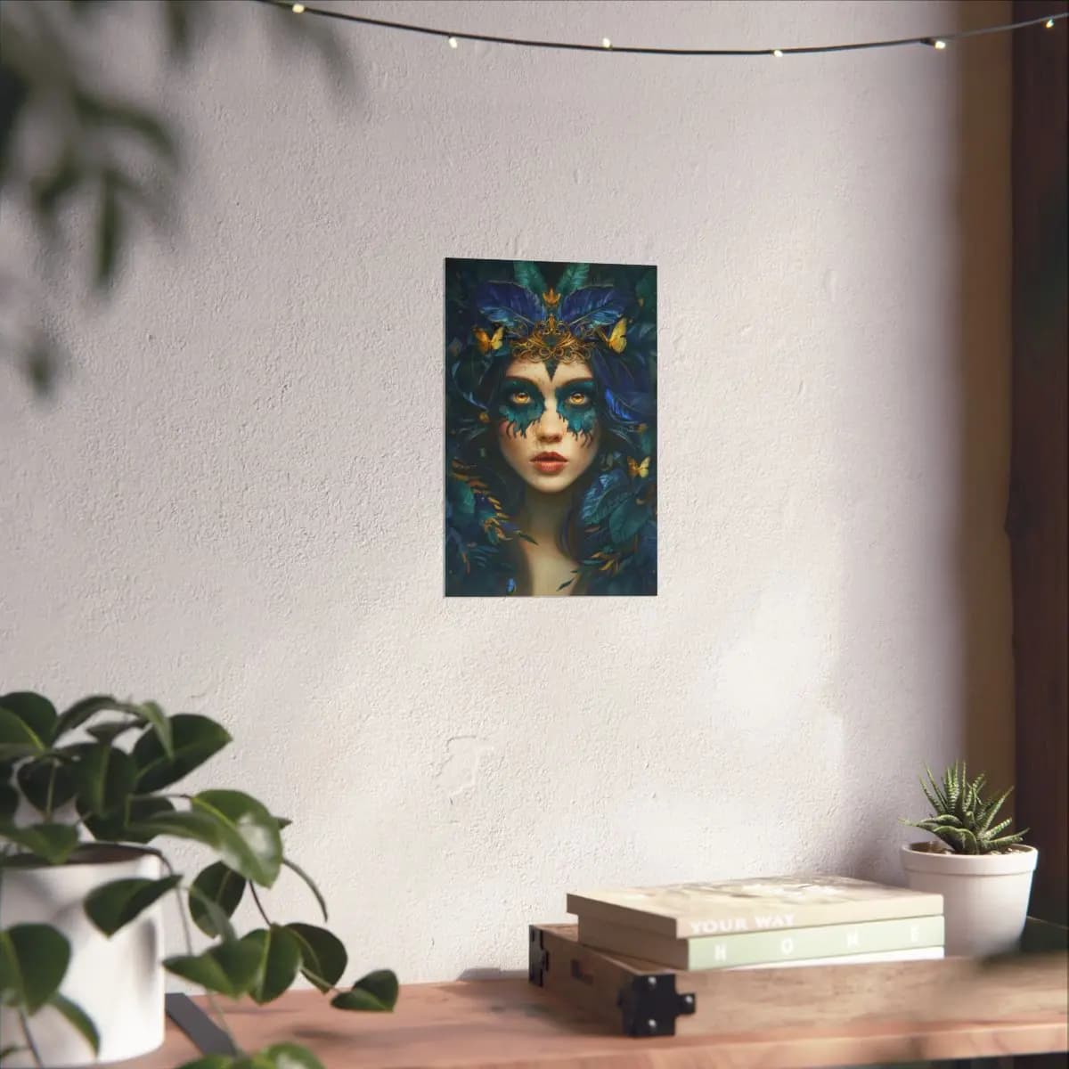 Queen of Blue Feathers and Golden Butterflies - Matte Vertical Posters mockup angle 6