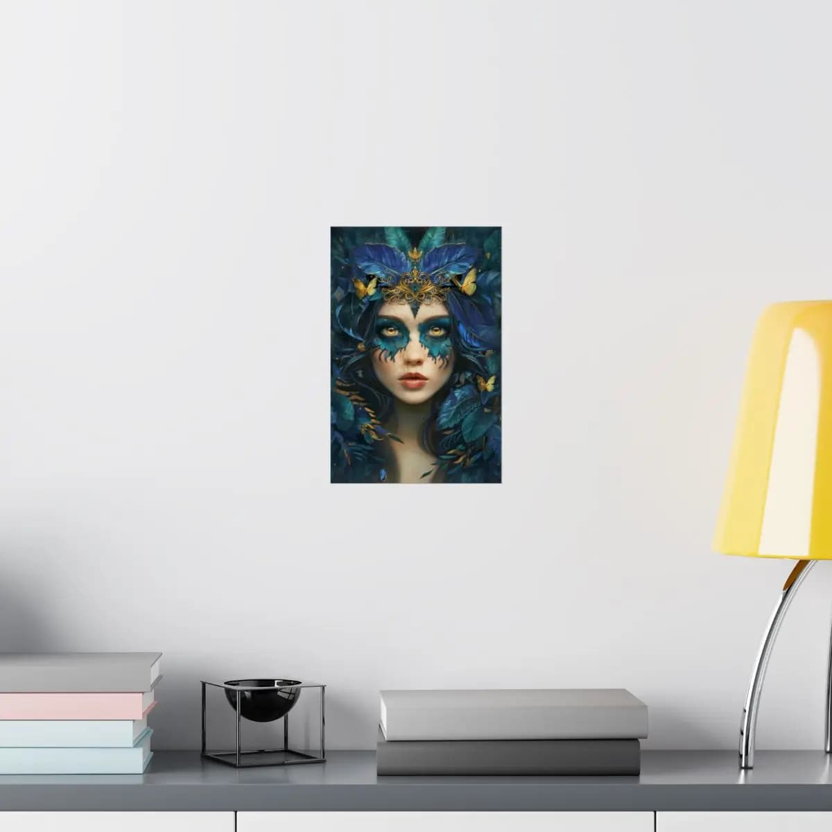 Queen of Blue Feathers and Golden Butterflies - Matte Vertical Posters mockup angle 8