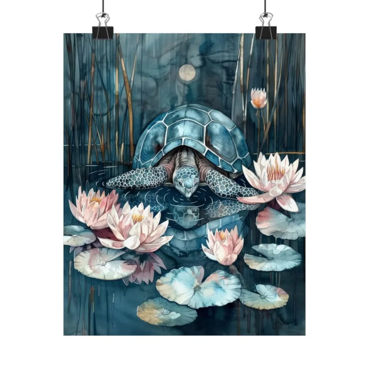 Blue Turtle Drifting Among Moonlit Water Lilies - Matte Vertical Posters mockup angle 1