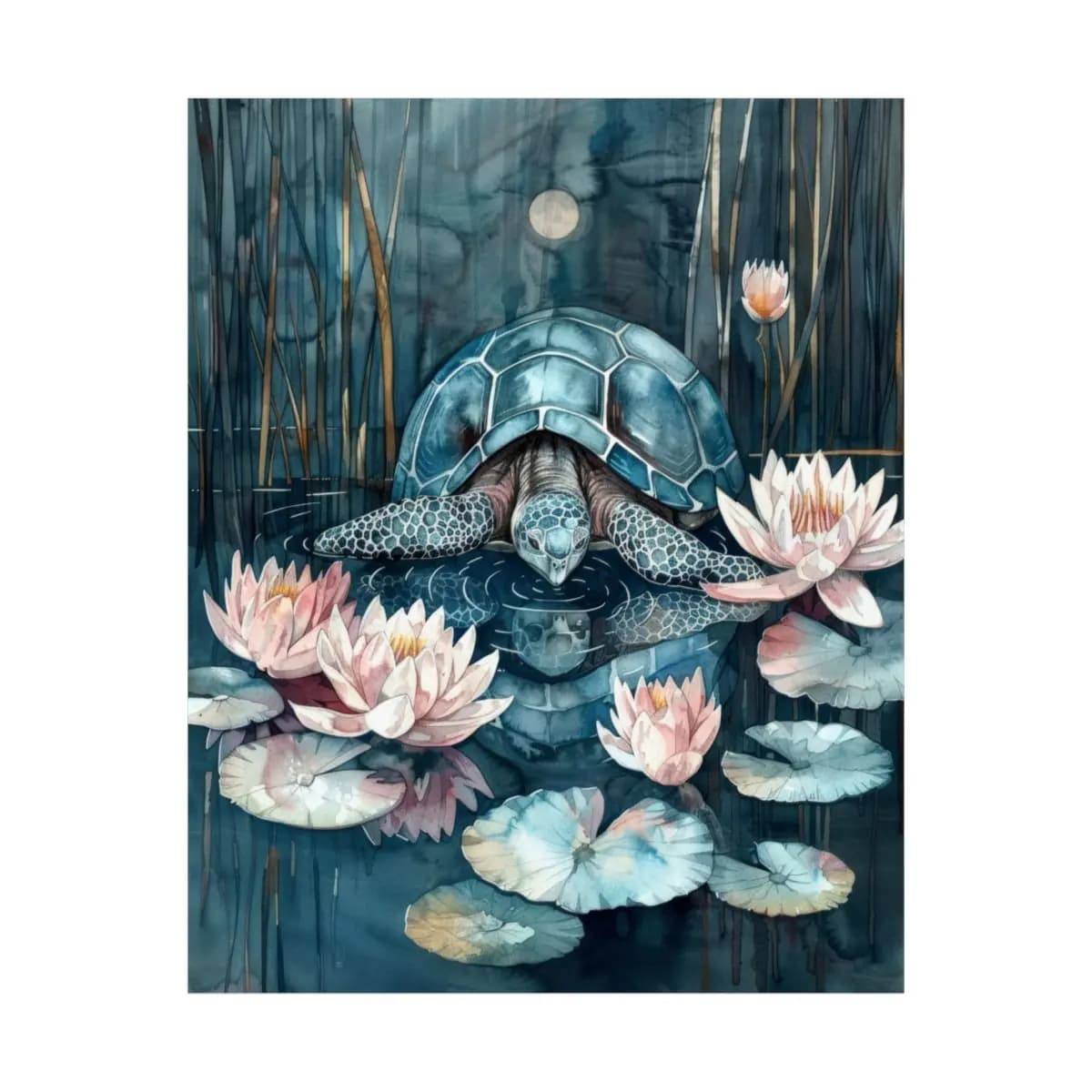 Blue Turtle Drifting Among Moonlit Water Lilies - Matte Vertical Posters mockup angle 2