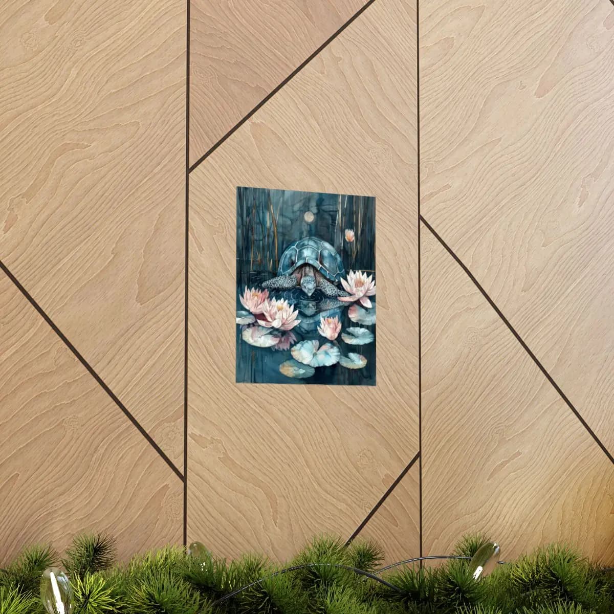 Blue Turtle Drifting Among Moonlit Water Lilies - Matte Vertical Posters mockup angle 5