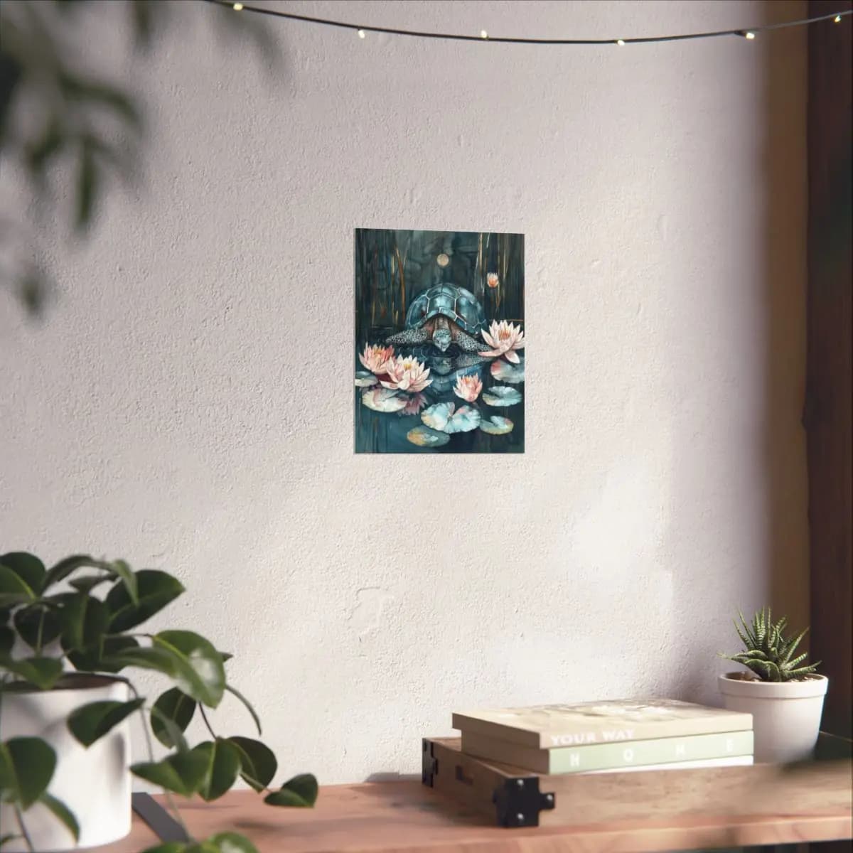 Blue Turtle Drifting Among Moonlit Water Lilies - Matte Vertical Posters mockup angle 6