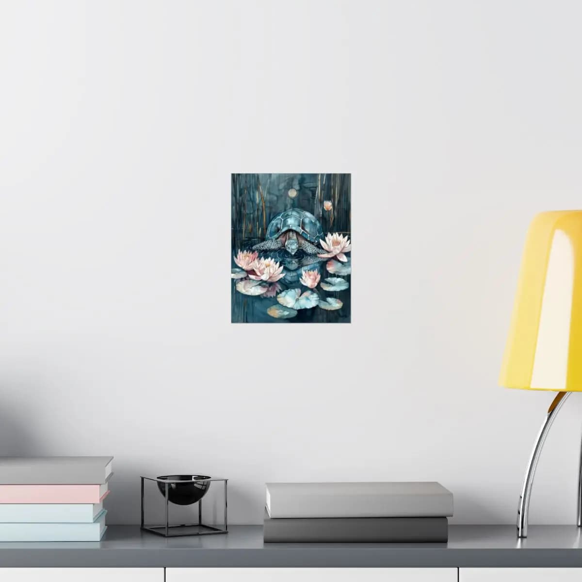 Blue Turtle Drifting Among Moonlit Water Lilies - Matte Vertical Posters mockup angle 8