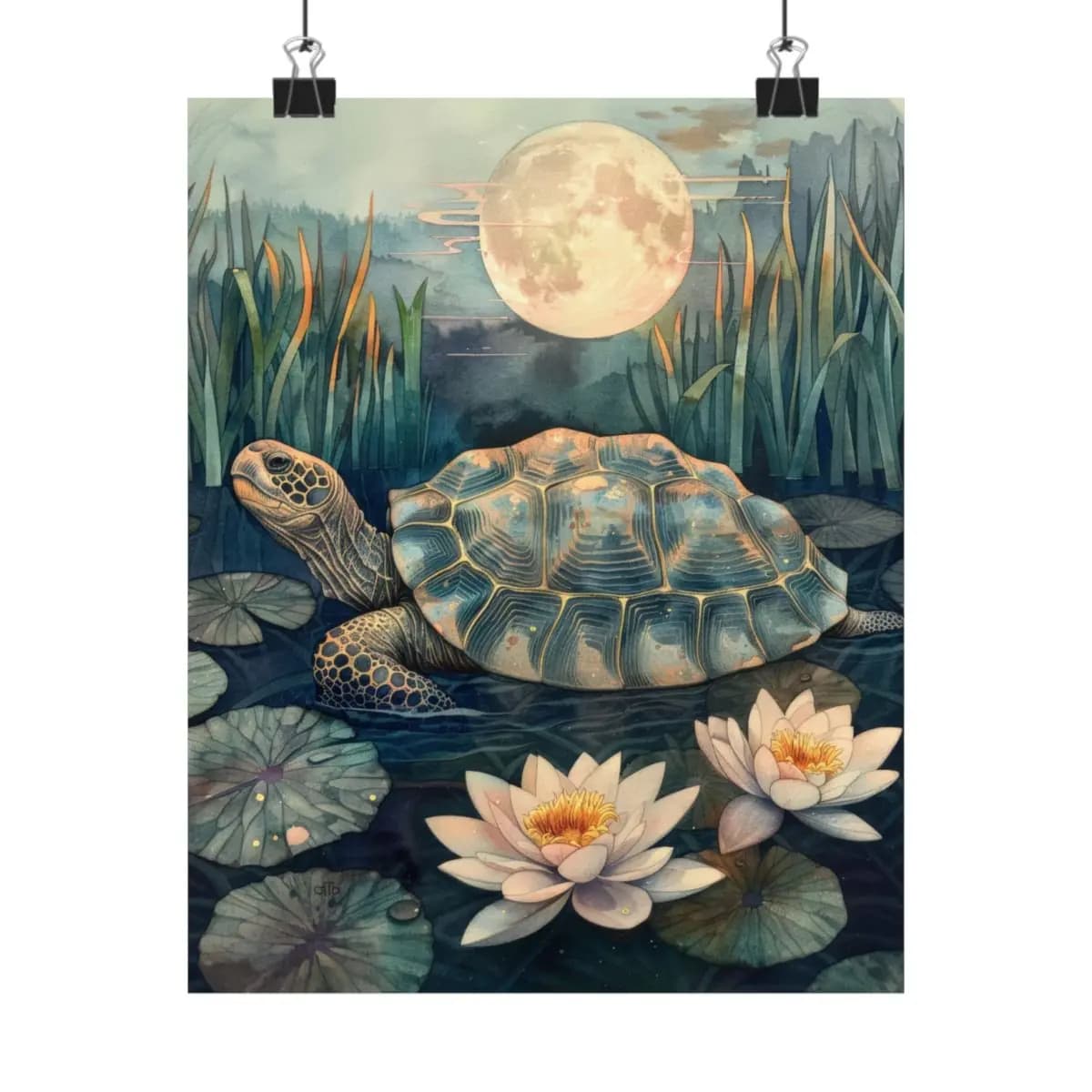 Moonlit Turtle Gliding Through the Lotus Pond - Matte Vertical Posters mockup angle 1