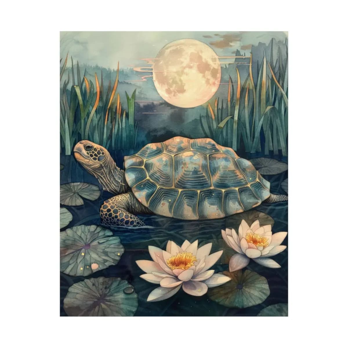 Moonlit Turtle Gliding Through the Lotus Pond - Matte Vertical Posters mockup angle 2