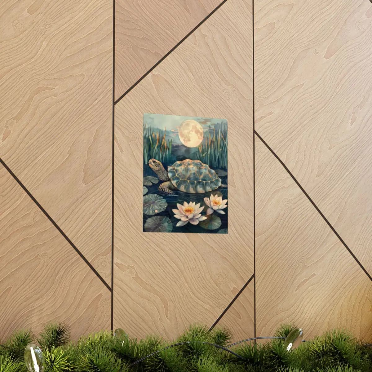 Moonlit Turtle Gliding Through the Lotus Pond - Matte Vertical Posters mockup angle 5
