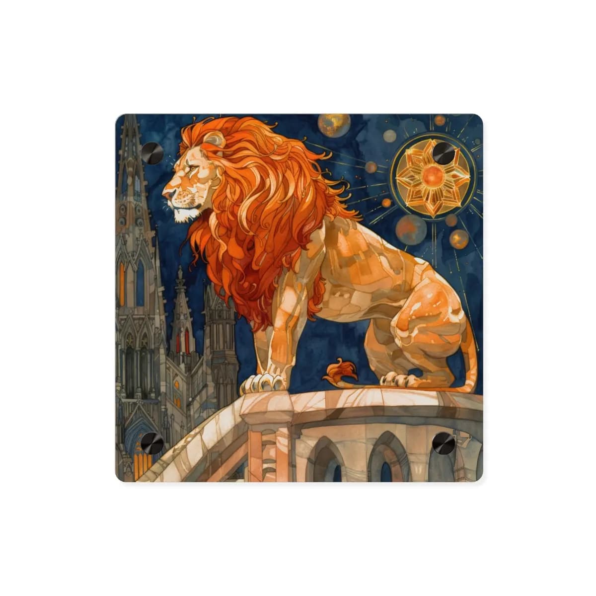 Royal Lion Watching Over a Celestial City - Acrylic Wall Art Panels mockup angle 1