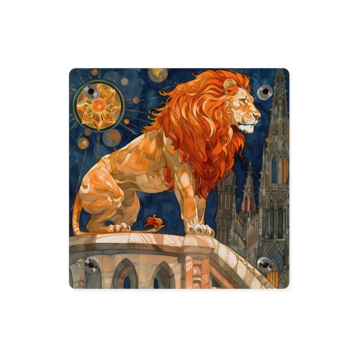 Royal Lion Watching Over a Celestial City - Acrylic Wall Art Panels mockup angle 2