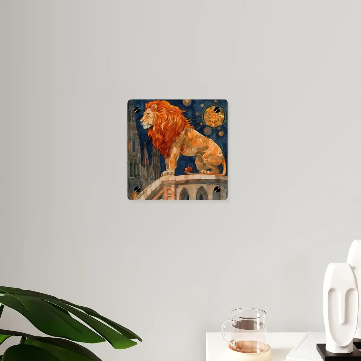 Royal Lion Watching Over a Celestial City - Acrylic Wall Art Panels mockup angle 3
