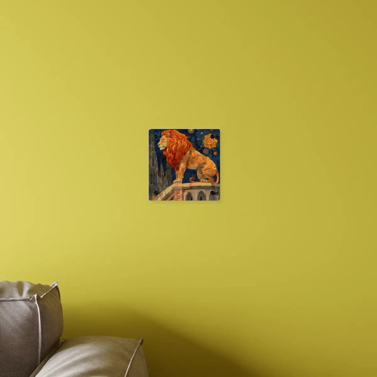 Royal Lion Watching Over a Celestial City - Acrylic Wall Art Panels mockup angle 4