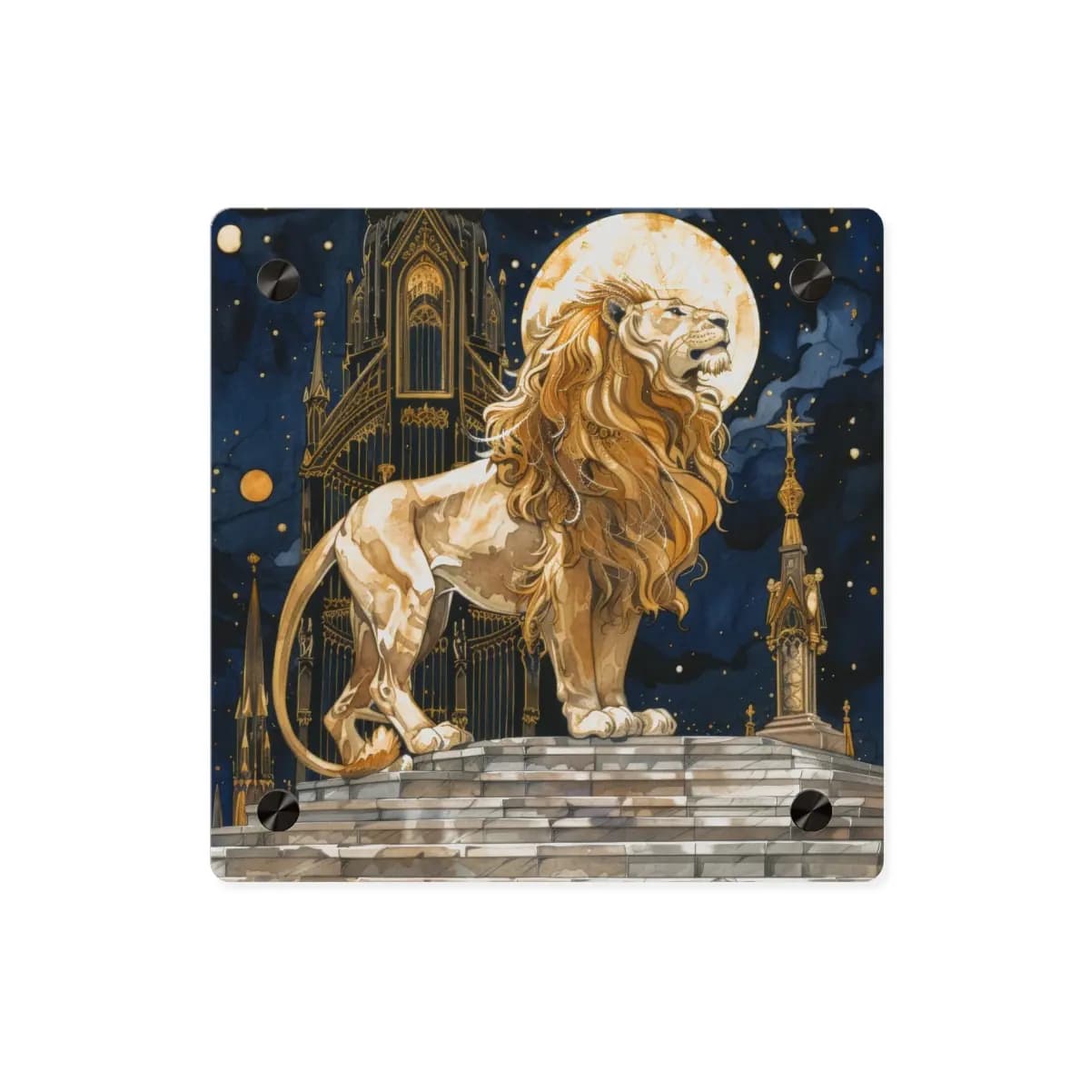 Crowned Lion Upon the Starlit Gothic Altar - Acrylic Wall Art Panels mockup angle 1