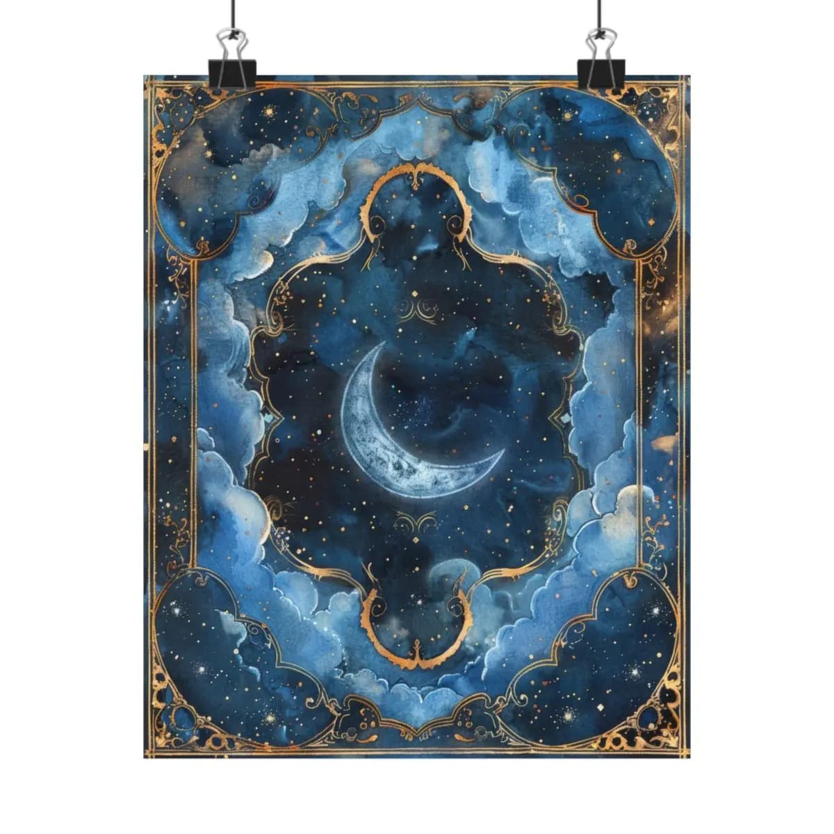 Crescent Moon in an Ornate Golden Night Sky - Matte Vertical Posters mockup angle 1