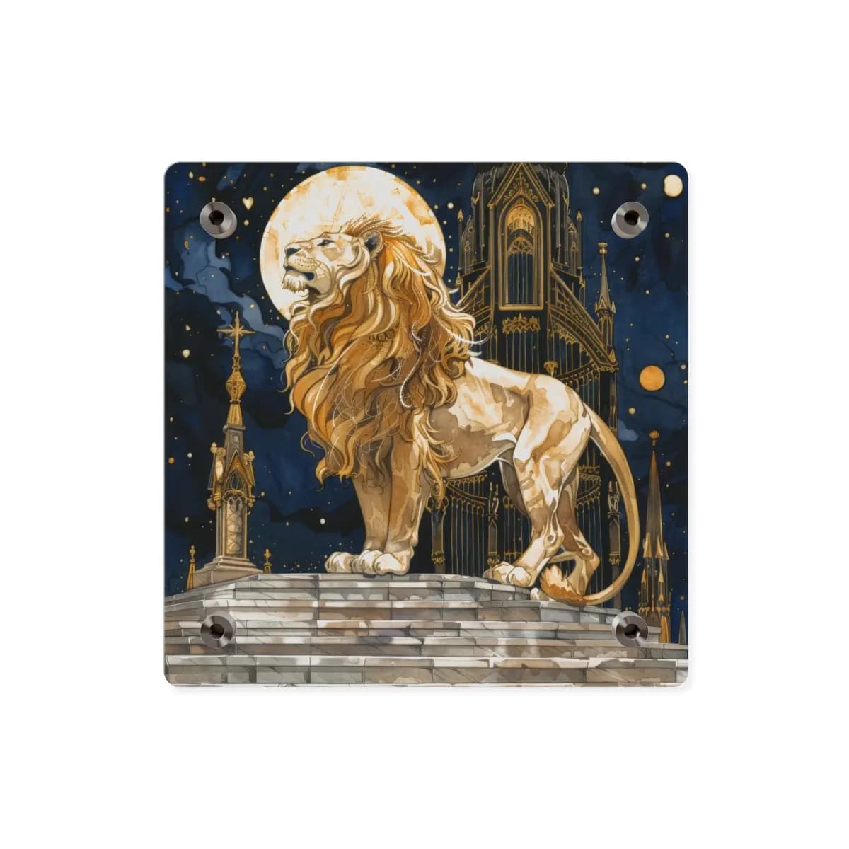 Crowned Lion Upon the Starlit Gothic Altar - Acrylic Wall Art Panels mockup angle 2