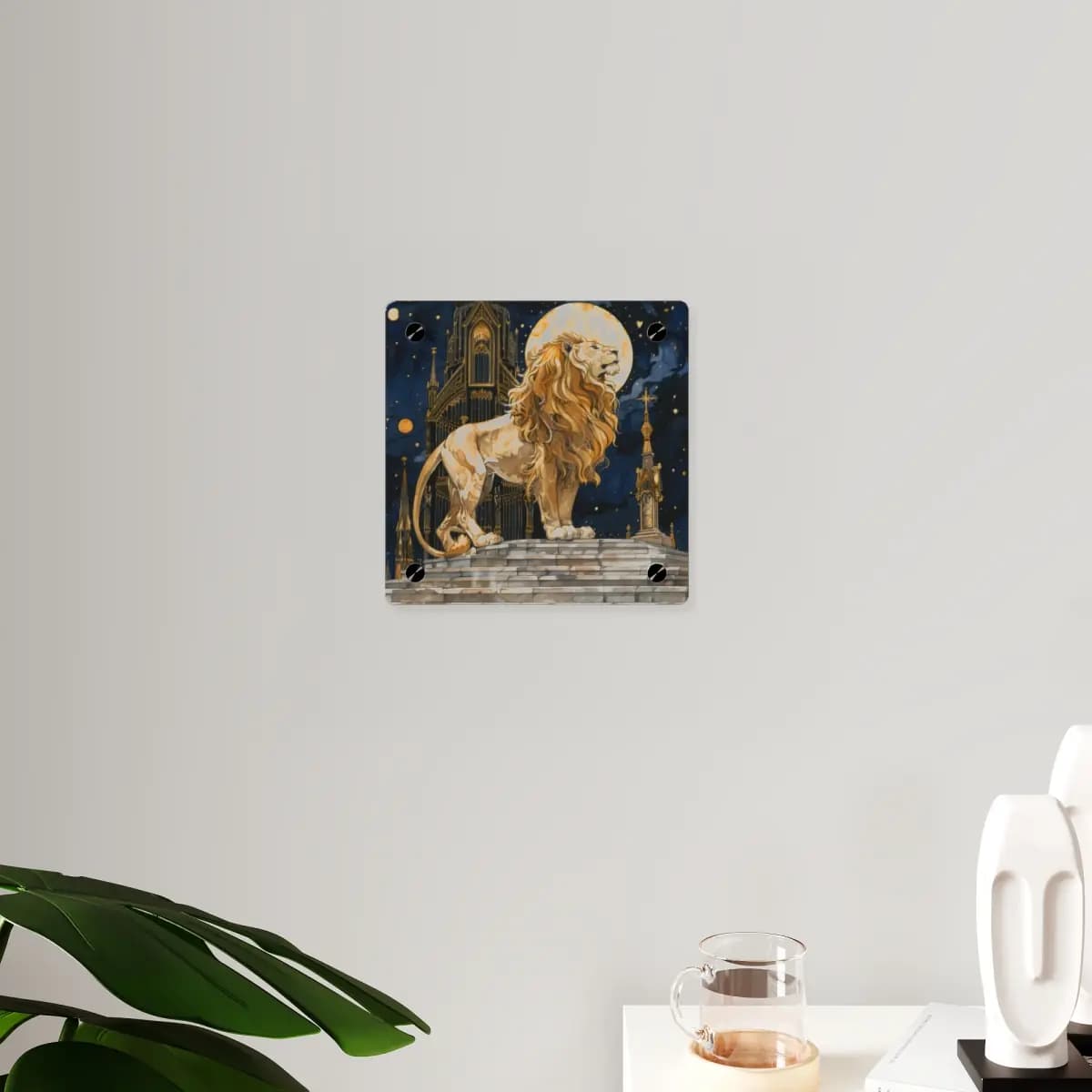 Crowned Lion Upon the Starlit Gothic Altar - Acrylic Wall Art Panels mockup angle 3