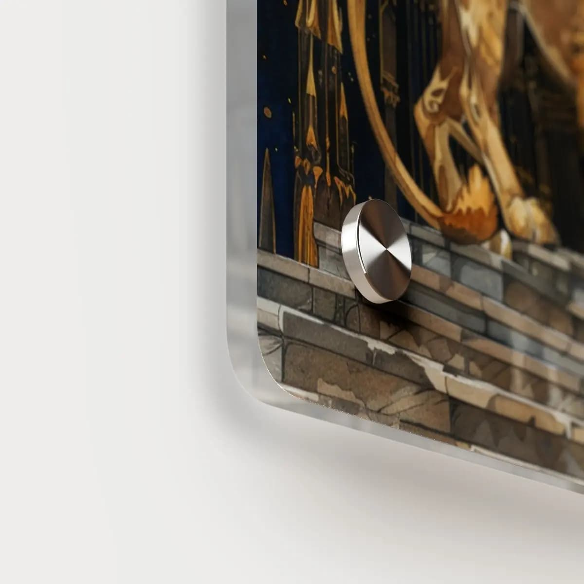 Crowned Lion Upon the Starlit Gothic Altar - Acrylic Wall Art Panels mockup angle 5