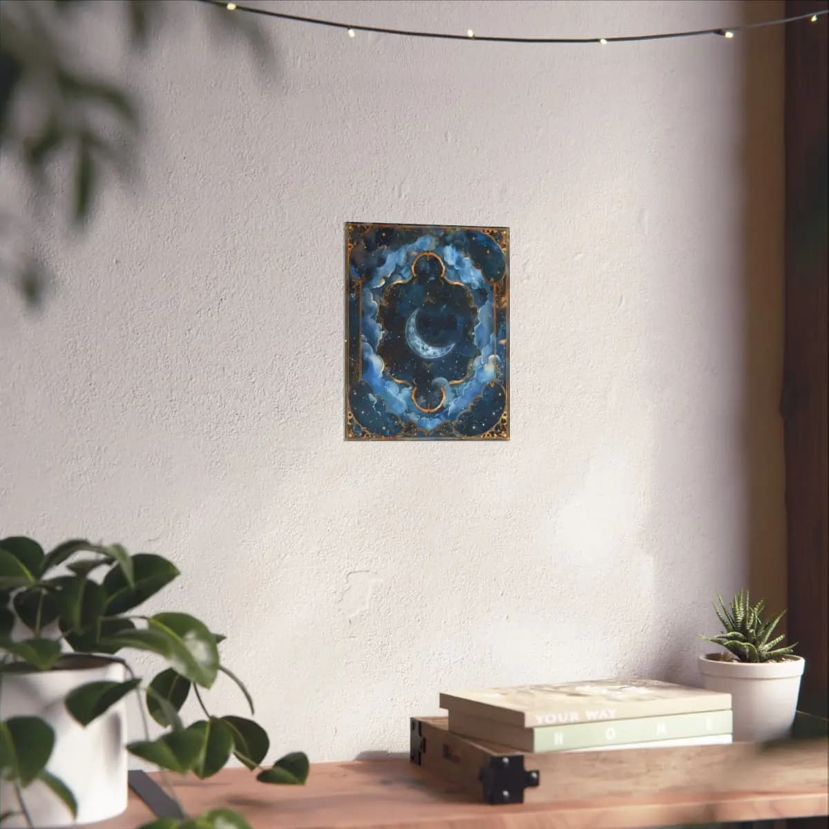 Crescent Moon in an Ornate Golden Night Sky - Matte Vertical Posters mockup angle 6