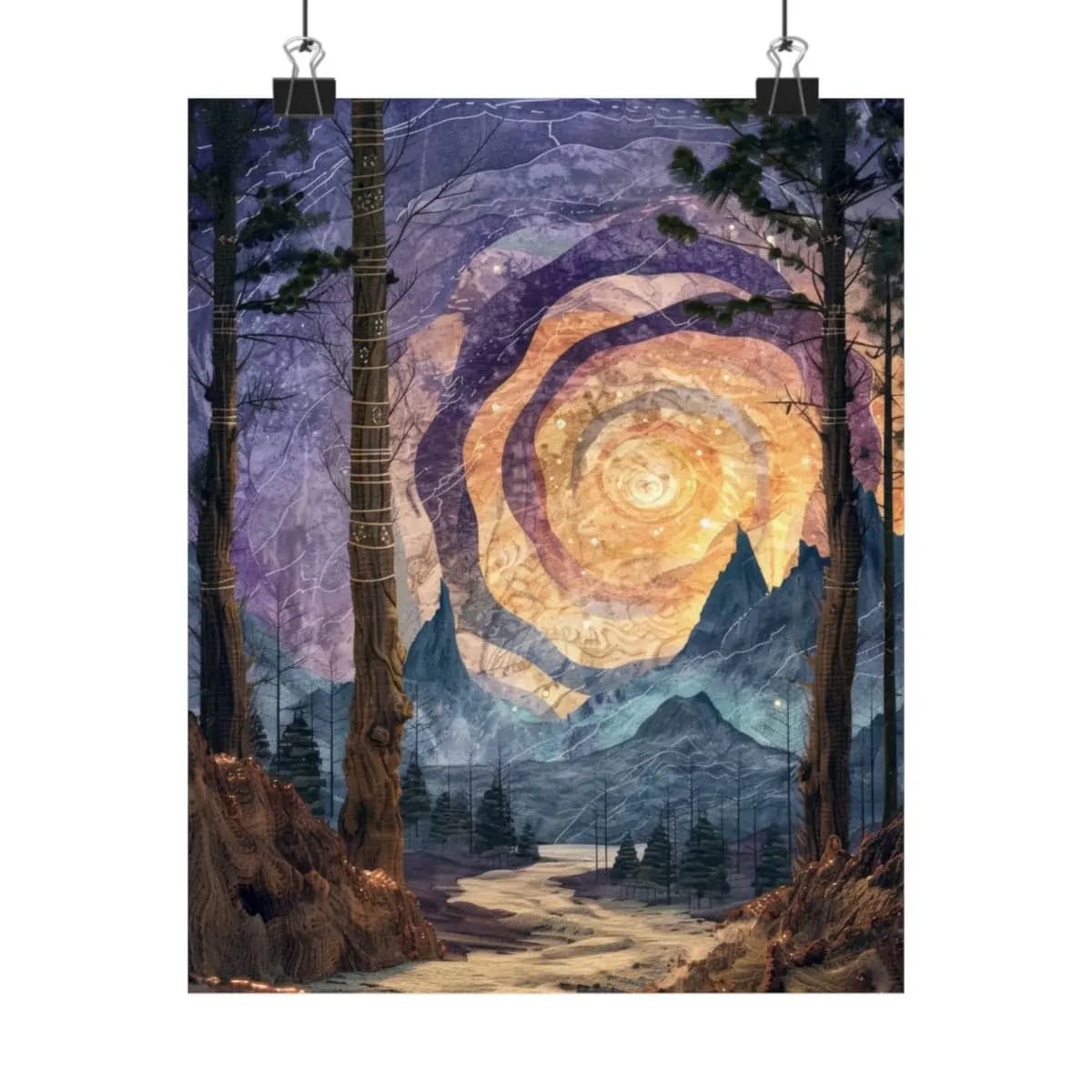 Celestial Spiral Over Forest and Mountain Peaks - Matte Vertical Posters mockup angle 1