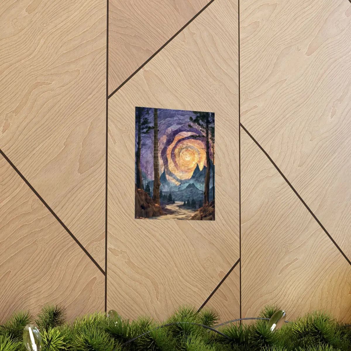 Celestial Spiral Over Forest and Mountain Peaks - Matte Vertical Posters mockup angle 5