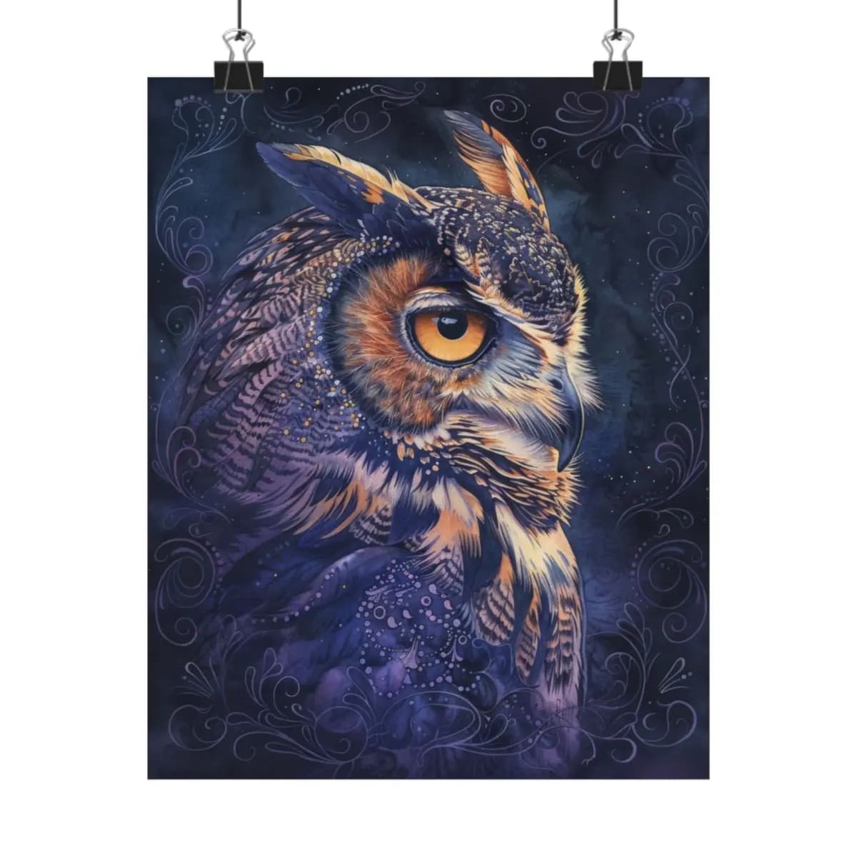Great Horned Owl in the Violet Night - Matte Vertical Posters mockup angle 1