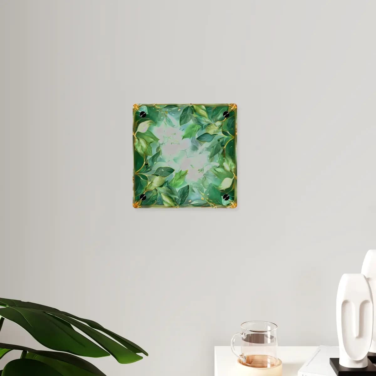 Golden Foliage Within an Ornate Precious Frame - Acrylic Wall Art Panels mockup angle 3