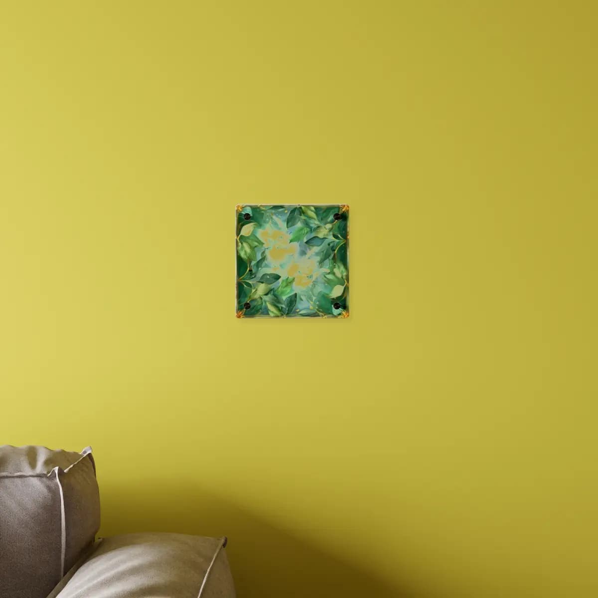 Golden Foliage Within an Ornate Precious Frame - Acrylic Wall Art Panels mockup angle 4