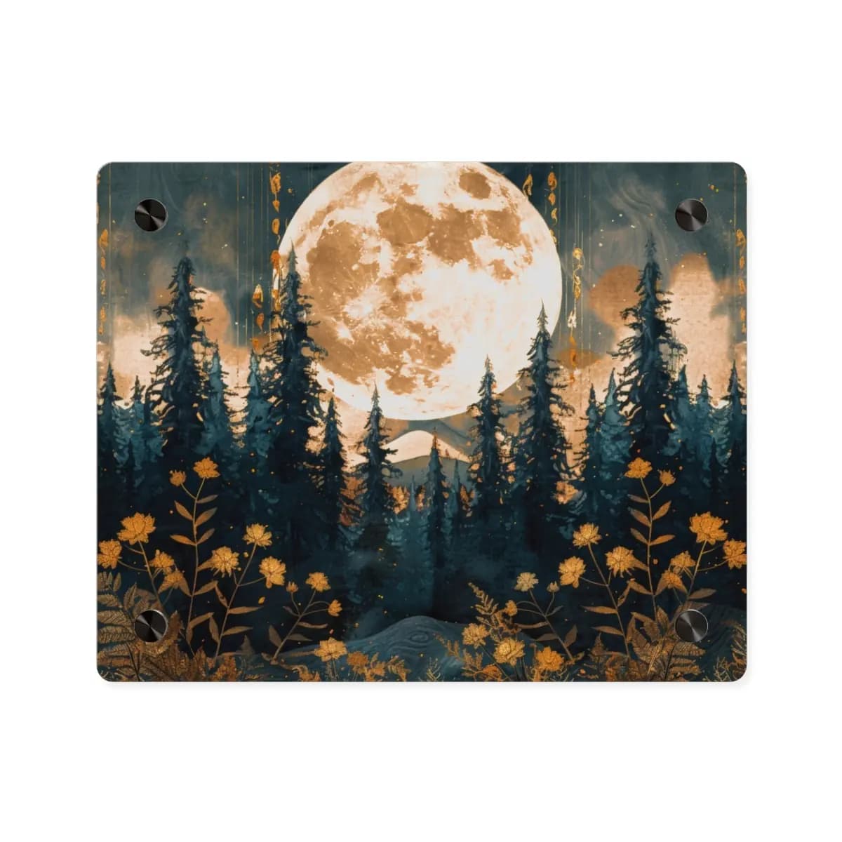 Golden Full Moon Rising Over a Dark Pine Forest - Acrylic Wall Art Panels mockup angle 1