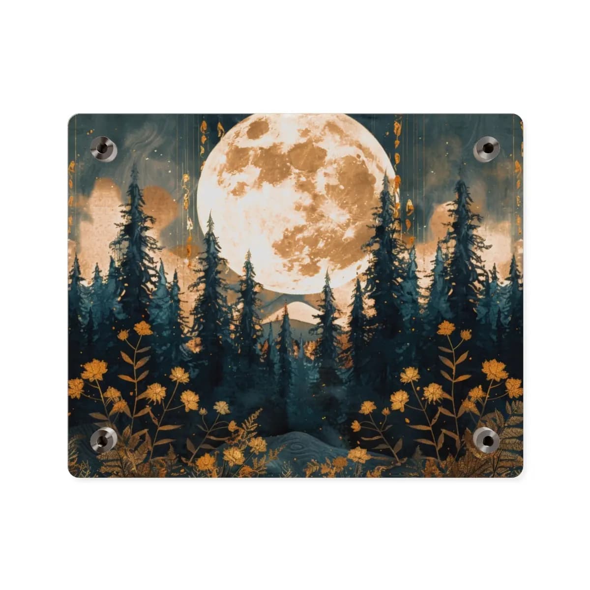 Golden Full Moon Rising Over a Dark Pine Forest - Acrylic Wall Art Panels mockup angle 2