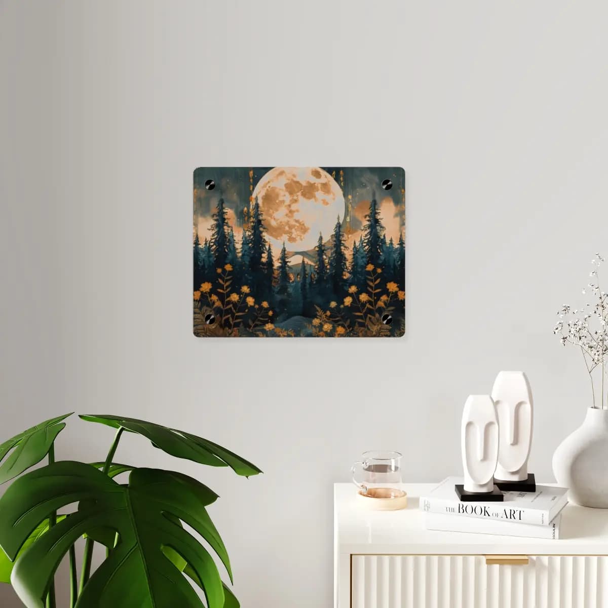 Golden Full Moon Rising Over a Dark Pine Forest - Acrylic Wall Art Panels mockup angle 3