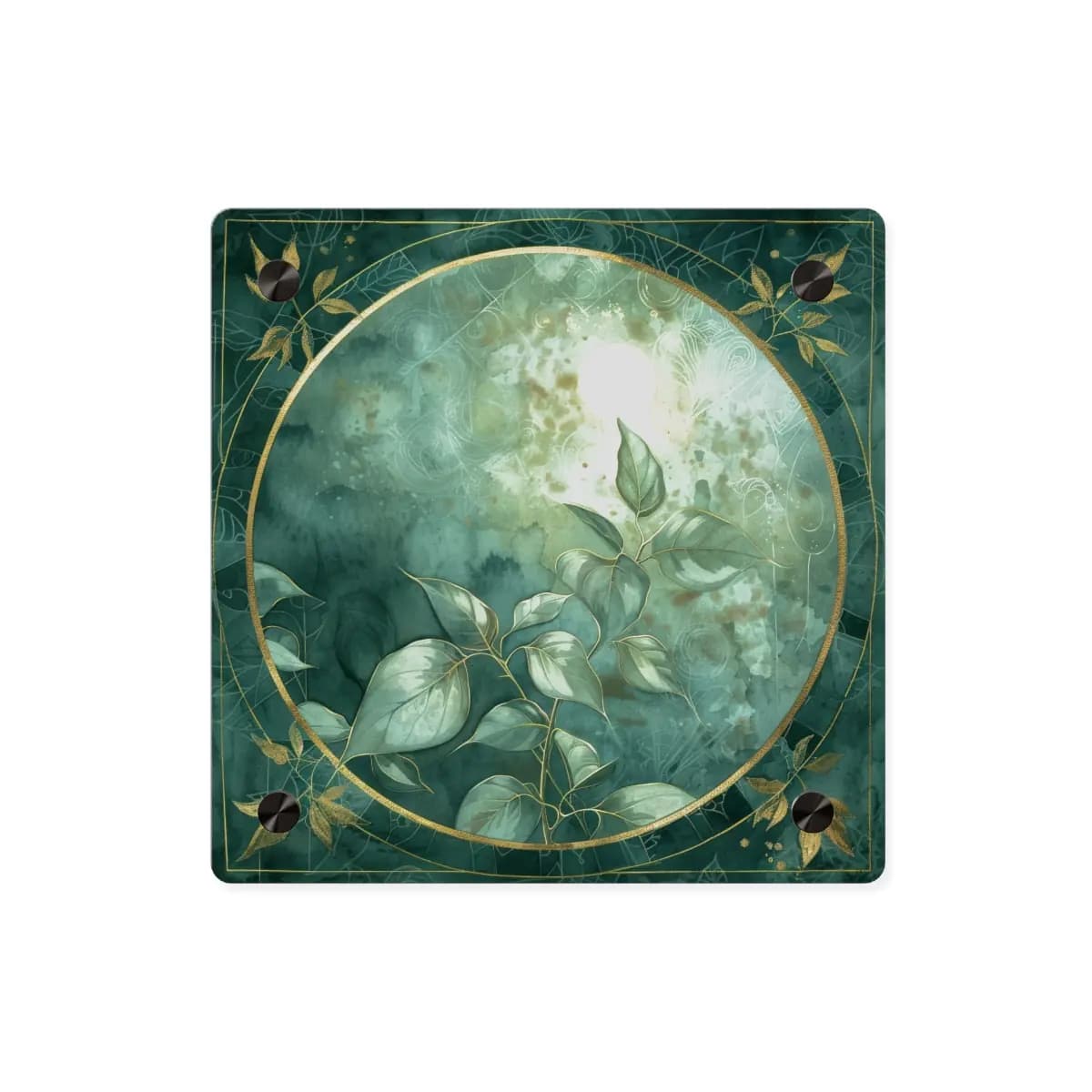 Golden Moon and Foliage in a Sacred Circle - Acrylic Wall Art Panels mockup angle 1